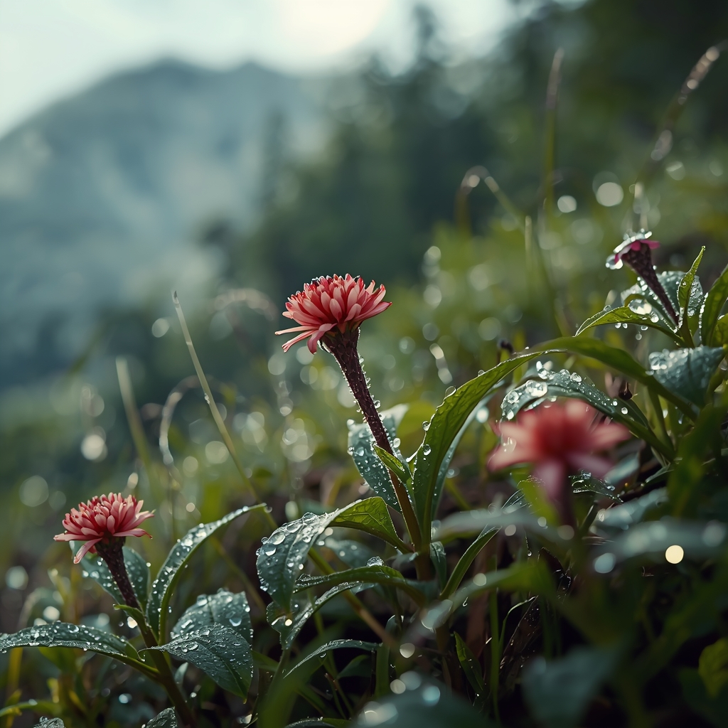 A cinematic macro shot of mountain flora with morning dew, high resolution, soft lighting, 8k, photorealistic, no humans, no woman image, generate from Nano Banana2