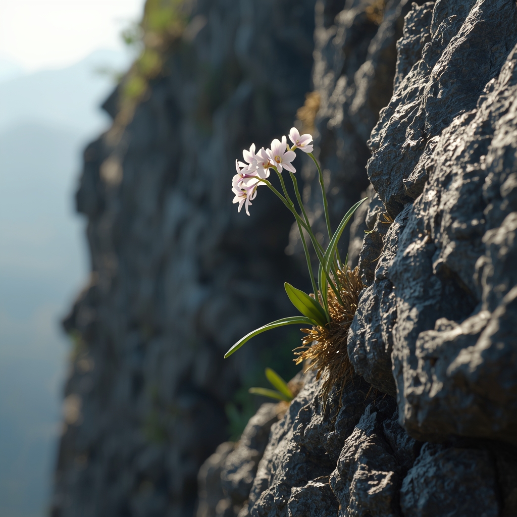 A cinematic close-up of a rare mountain orchid on a rocky cliff, high resolution, soft lighting, 8k, photorealistic, no humans, no woman image, generate from Nano Banana2